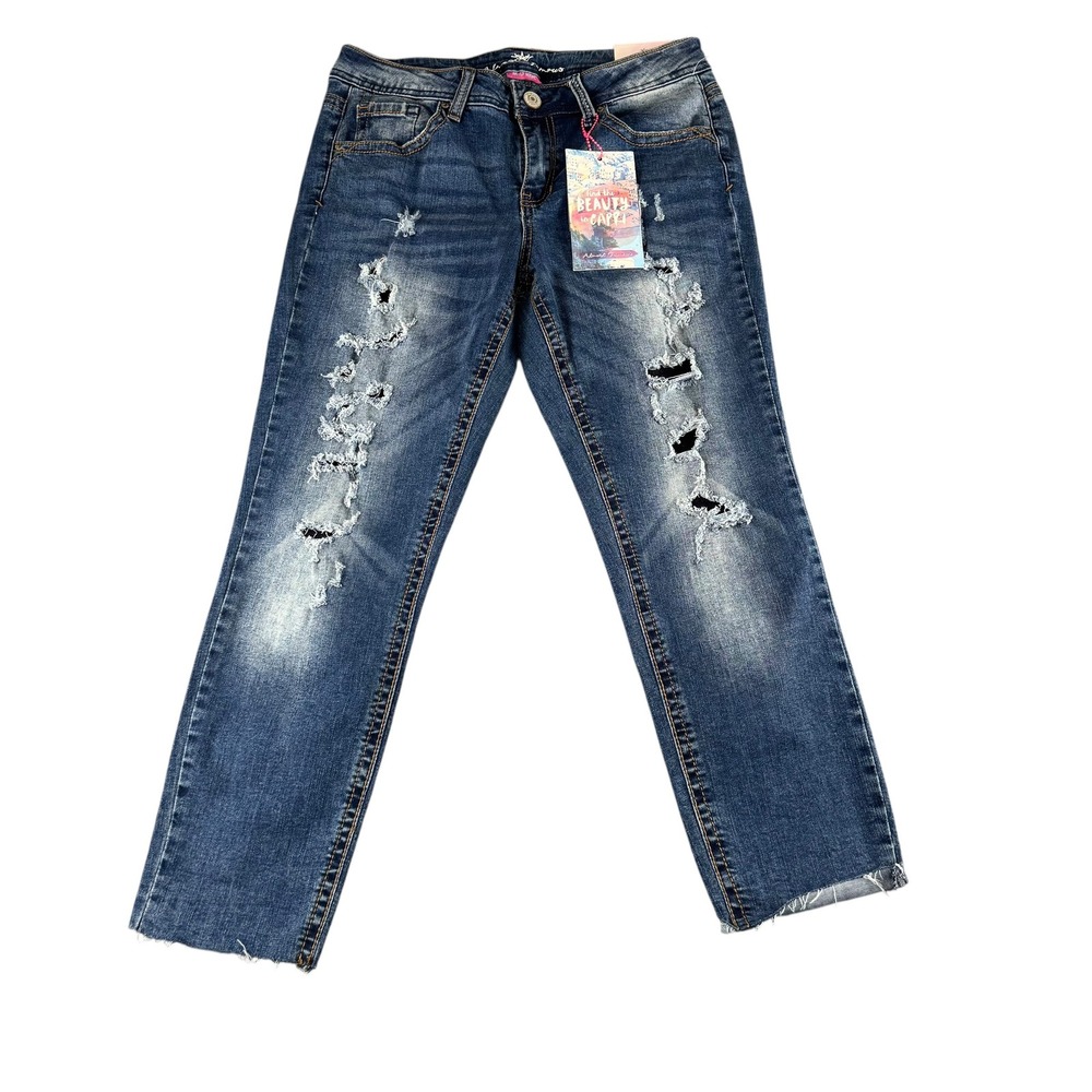 Almost Famous Womens Mid Rise Distressed Capri Jeans Blue Size 9 NWT